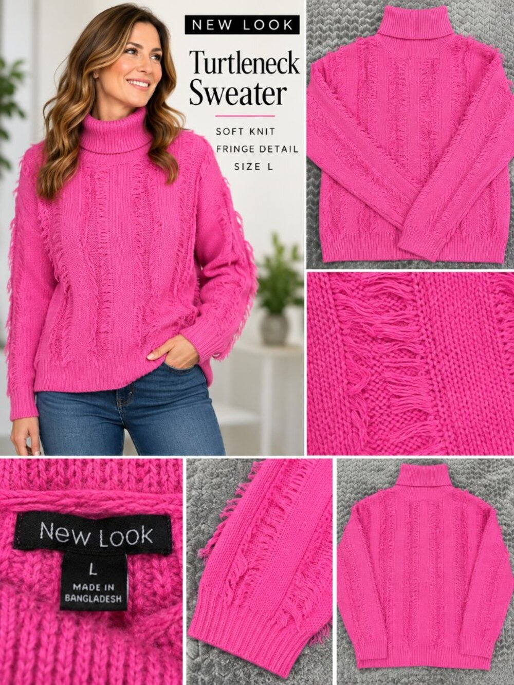 New Look Women’s Size L Hot Pink Fringe Turtleneck Chunky Knit Sweater